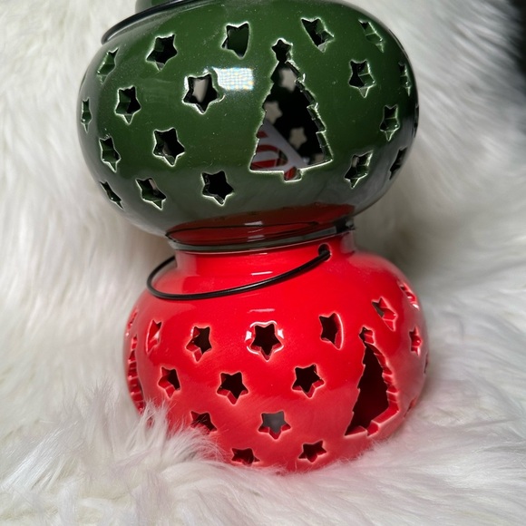 Ceramic Winter Green Christmas Tree Candle Lantern LED - Picture 2 of 5